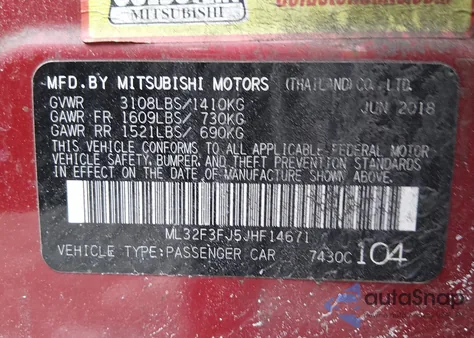 2018 Mitsubishi Mirage G4 Es from USA, damaged, VIN ML32F3FJ5JHF14671